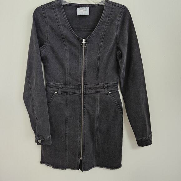 Tinsel Town Black Cotton Blend Denim Front Zipper Long Sleeve Mini Dress Small - Picture 1 of 11